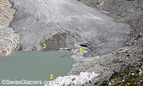 Rhonegletscher: Übergang See - Gletscher am 10.7.2025.