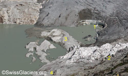 Rhonegletscher: Übergang See - Gletscher am 29.7.2024.