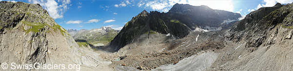 Steigletscher: Gletscherzunge und Gleitbahn der Felsstürze am 18.8.2023