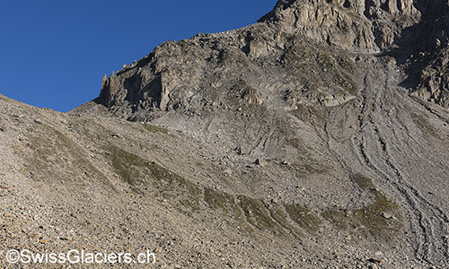 Endmoräne des Chüebodengletschers auf der Südseite des Gerenpasses.
