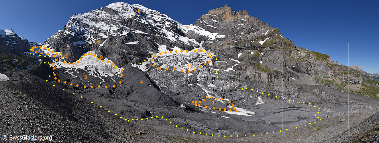 Veränderungen am Gamchigletscher in den Jahren 2011 bis 2020.